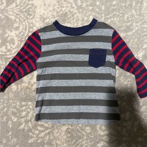 Hanna Andersson Gray and Navy Striped Kids Tee with Red Sleeves Size 80